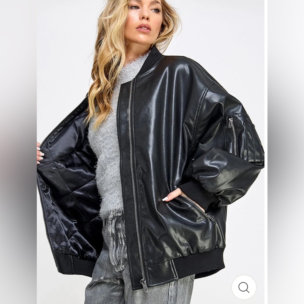 ZIP UP POCKETS PU Faux Leather Bomber Jacket